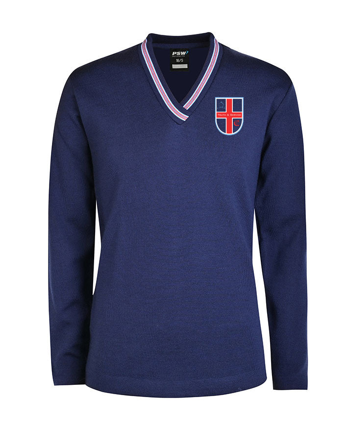 Poly / cotton jumper with crossover neck and striped neck