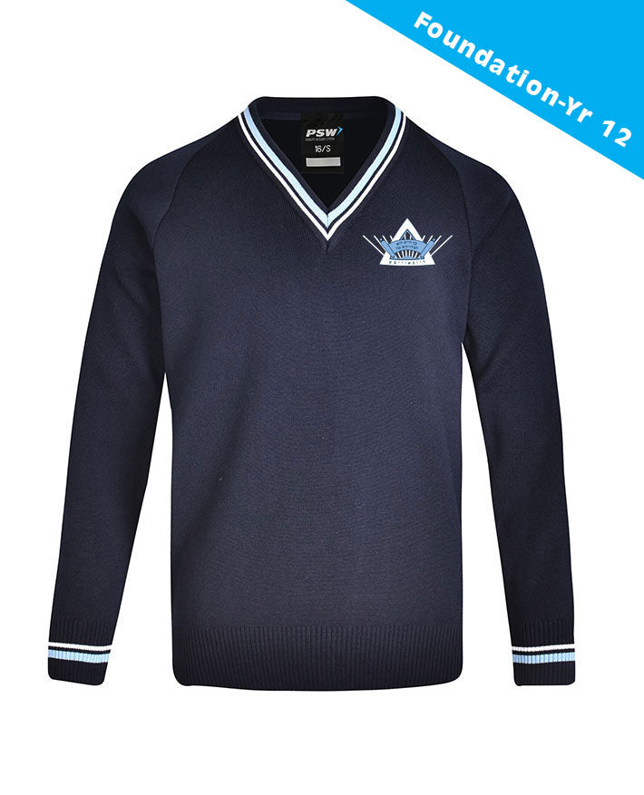 Poly Cotton Jumper with Stripe Bands for V-Neck/Cuffs and Plain Hem Band