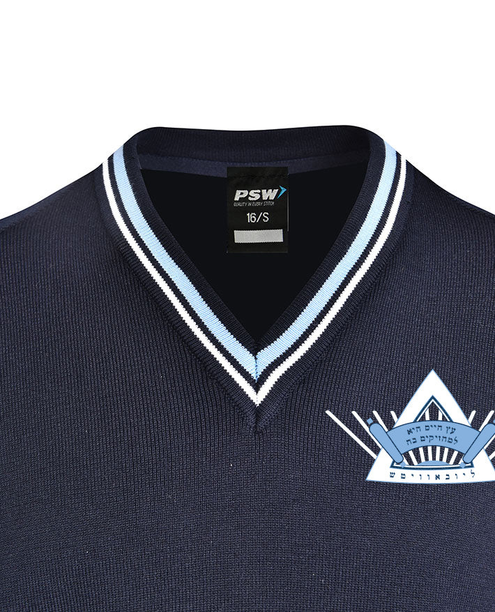 Poly Cotton Jumper with Stripe Bands for V-Neck/Cuffs and Plain Hem Band