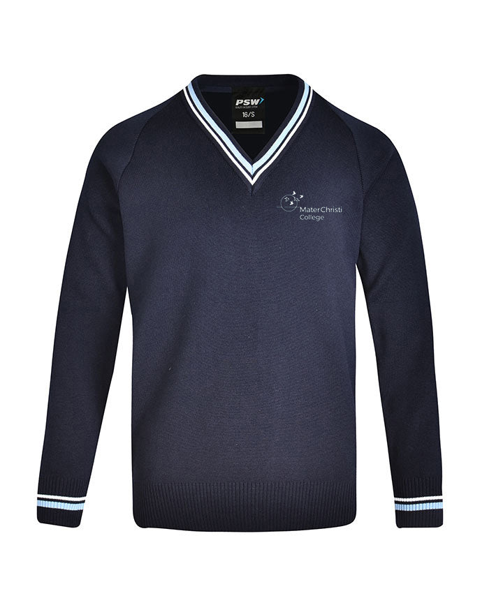 Poly Cotton Jumper with Stripe Bands for V-Neck/Cuffs and Plain Hem Band