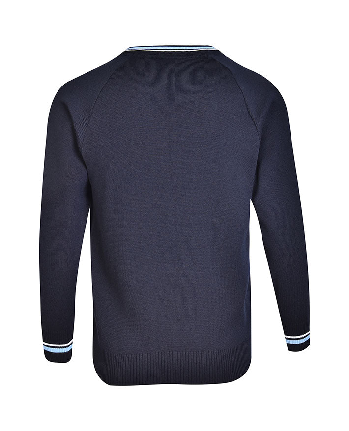 Poly Cotton Jumper with Stripe Bands for V-Neck/Cuffs and Plain Hem Band