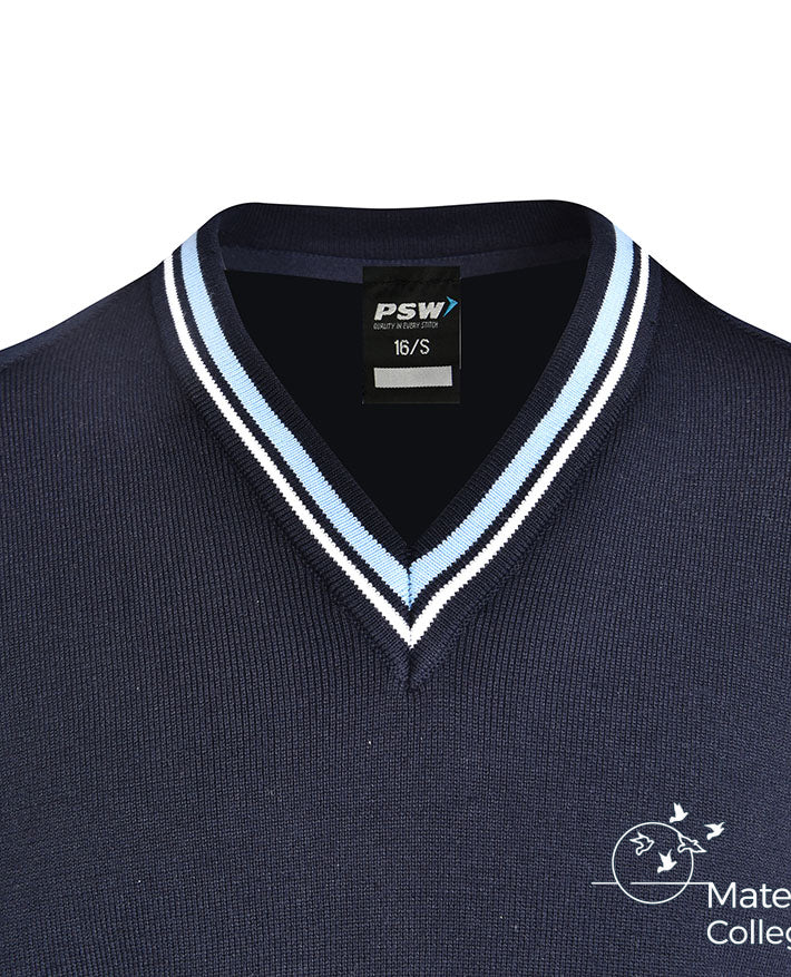 Poly Cotton Jumper with Stripe Bands for V-Neck/Cuffs and Plain Hem Band