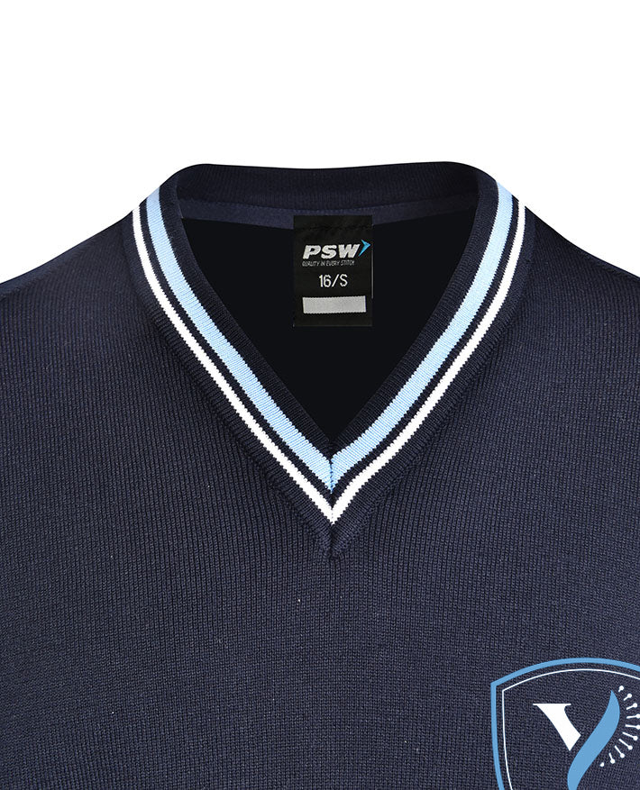 Poly Cotton Jumper with Stripe Bands for V-Neck/Cuffs and Plain Hem Band