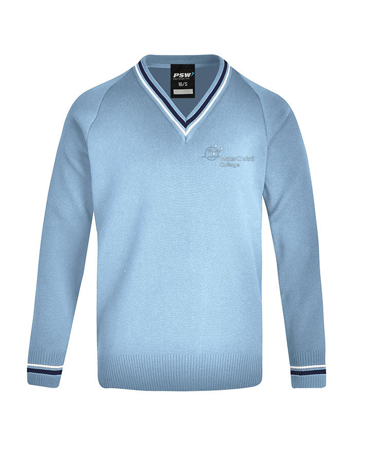 Poly Cotton Jumper with Stripe Bands for V-Neck/Cuffs and Plain Hem Band