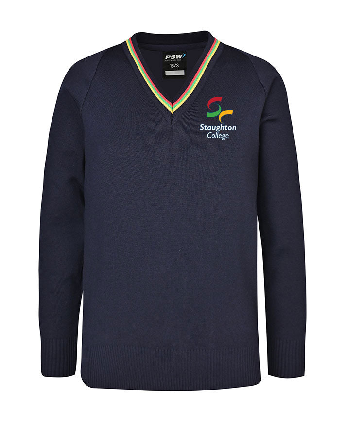 Poly Cotton Jumper with Stripe Bands for V-Neck
