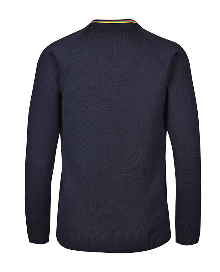 Poly Cotton Jumper with Stripe Bands for V-Neck