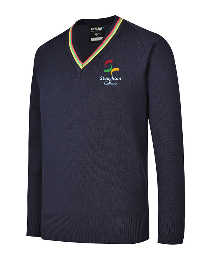 Poly Cotton Jumper with Stripe Bands for V-Neck