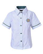 SS blouse with contrast inner collar, buttons, and piping
