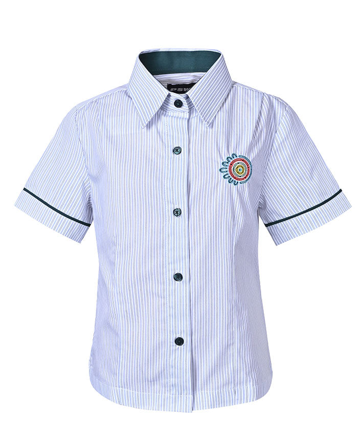 SS blouse with contrast inner collar, buttons, and piping