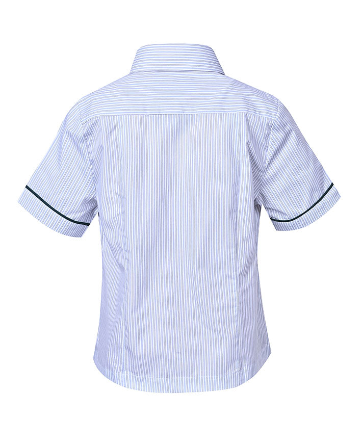 SS blouse with contrast inner collar, buttons, and piping