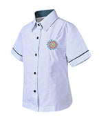 SS blouse with contrast inner collar, buttons, and piping