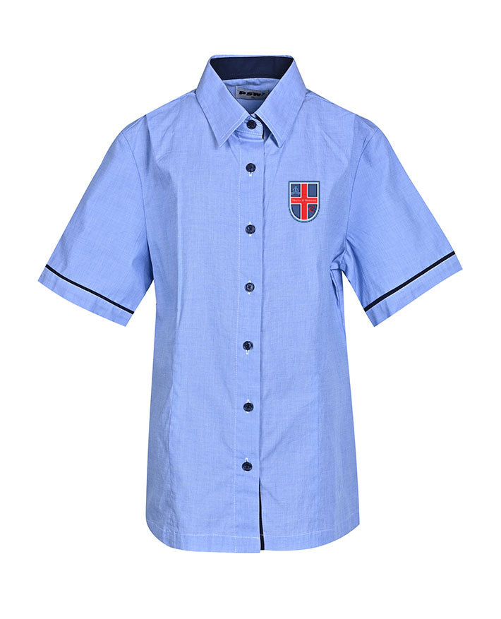 SS blouse with piping, contrast collar and placket